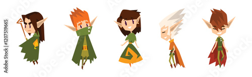 Cute Forest Elves as Fairytale Magic Characters with Pointed Ears in Green Clothes Vector Set