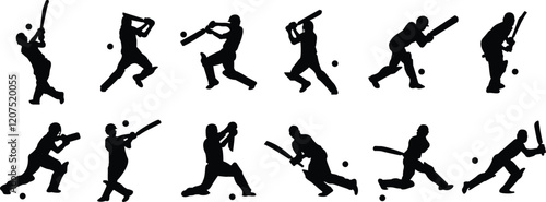 Player playing cricket action pose icon set black  flat championship vector collection isolated on transparent background. Related to the game of cricket with various element bowler fielder