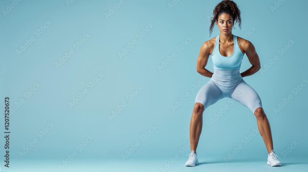 Obraz premium Powerful athletic woman performing sumo squats in studio with blue background