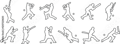Player playing cricket action pose icon set black line championship vector collection isolated on transparent background. Related to the game of cricket with various element bowler fielder
