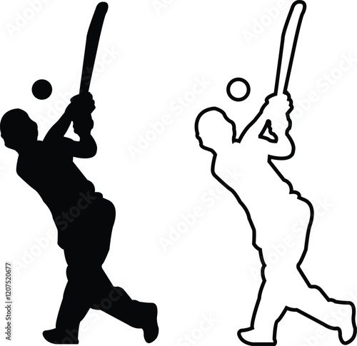 Player playing cricket action pose icon set black line and flat championship vector collection isolated on transparent background. Related to the game of cricket with various element bowler fielder photo