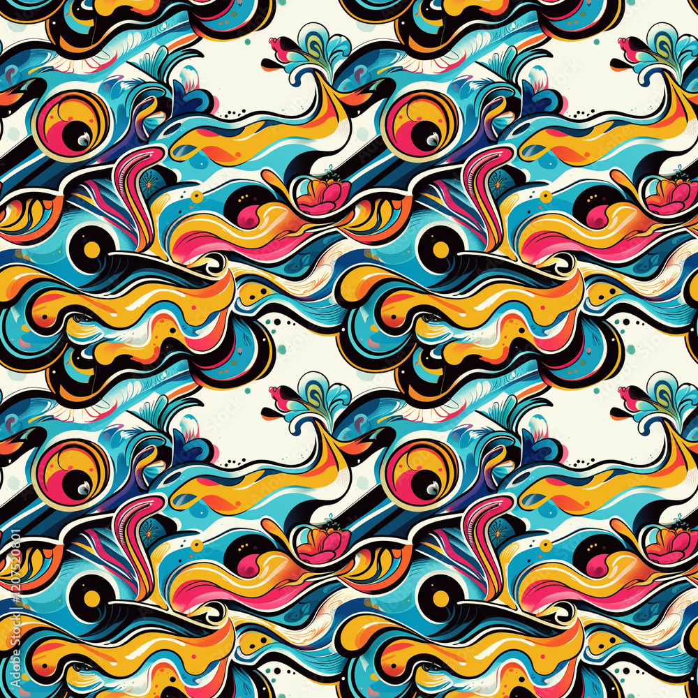 Curly hand painted seamless patterns with waves and abstract shapes, clean bold colors Curly hand painted seamless patterns with waves and abstract shapes, clean bold colors