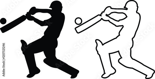 Player playing cricket action pose icon set black line and flat championship vector collection isolated on transparent background. Related to the game of cricket with various element bowler fielder photo