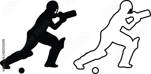 Player playing cricket action pose icon set black line and flat championship vector collection isolated on transparent background. Related to the game of cricket with various element bowler fielder photo