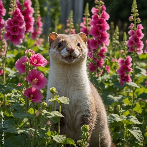 A weasel playing in a garden with colorful hollyhocks and a white picket fence. photo