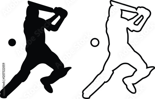 Player playing cricket action pose icon set black line and flat championship vector collection isolated on transparent background. Related to the game of cricket with various element bowler fielder