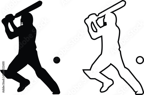 Player playing cricket action pose icon set black line and flat championship vector collection isolated on transparent background. Related to the game of cricket with various element bowler fielder