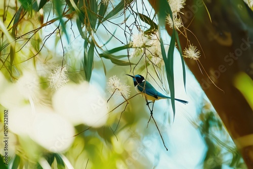 A blue-faced honeyeater feeding on nectar from blossoms in a flowering gum tree, its vibrant colors a blur of activity photo