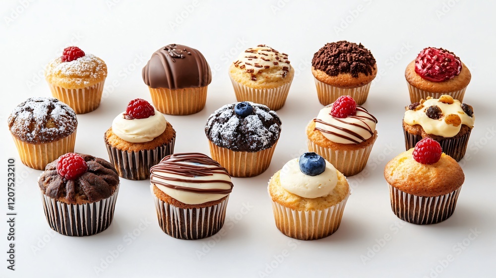 Assorted Delicious Cupcakes with Varied Toppings in a Row on White Background Assorted Delicious Cupcakes with Varied Toppings in a Row on White Background
