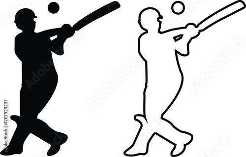 Player playing cricket action pose icon set black line and flat championship vector collection isolated on transparent background. Related to the game of cricket with various element bowler fielder