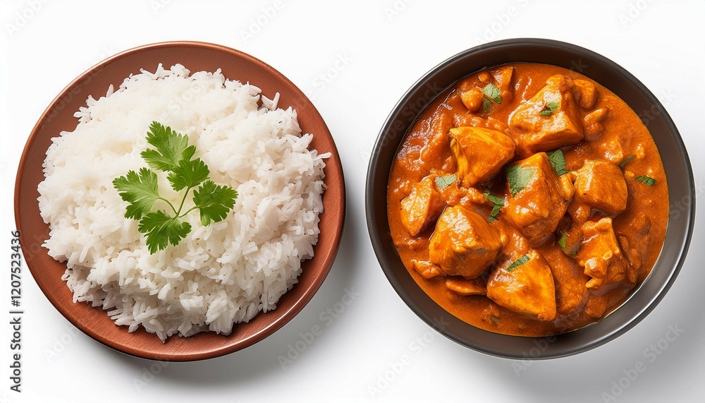 rice with meat chicken tikka masala spicy curry top down view view from above traditional food isolated on white background rice with meat chicken tikka masala spicy curry top down view view from above traditional food isolated on white background