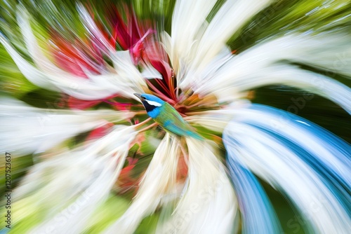 A blue-faced honeyeater feeding on nectar from blossoms in a flowering gum tree, its vibrant colors a blur of activity photo