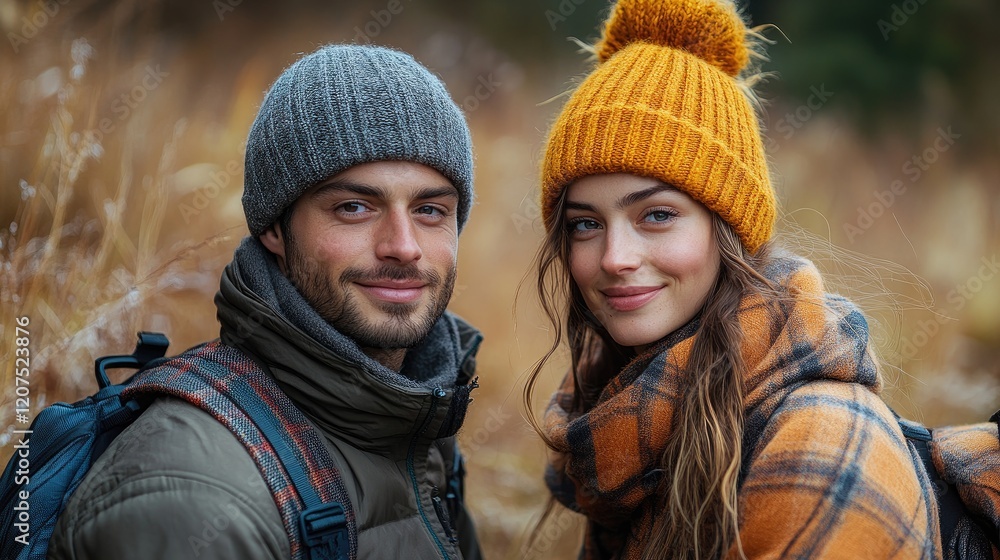Couple Hiking Autumn Trail, Smiling Portrait, Backpacks Couple Hiking Autumn Trail, Smiling Portrait, Backpacks