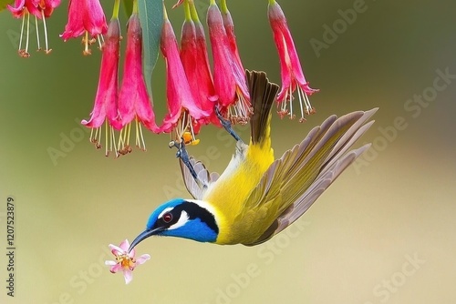 A blue-faced honeyeater feeding on nectar from blossoms in a flowering gum tree, its vibrant colors a blur of activity photo