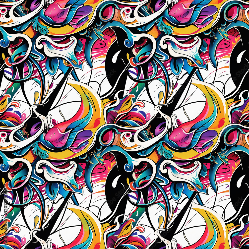Curly hand painted seamless patterns with waves and abstract shapes, clean bold colors Curly hand painted seamless patterns with waves and abstract shapes, clean bold colors