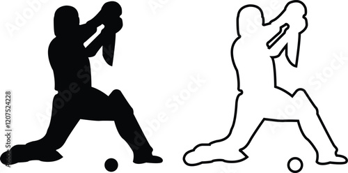 Player playing cricket action pose icon set black line and flat championship vector collection isolated on transparent background. Related to the game of cricket with various element bowler fielder