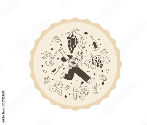 Wine club emblem. Woman with wine bottle on round stamp. Tasting event circular perforated edges label. Party with alcohol drinks. Person visit a winery. Vector hand drawn doodle illustration.