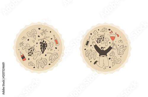 Wine club and vineyard emblem. Woman with wine bottle on round stamp. Tasting event circular perforated edges label. Party with alcohol drinks. Person visit a winery. Vector hand drawn illustration.