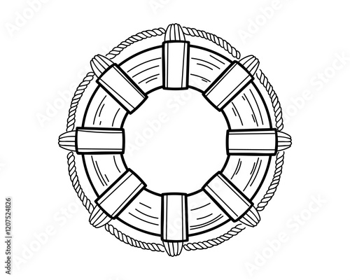 Hand drawn sketch style Lifebuoy with rope detailing, drawn in monochrome. Great for maritime safety or nautical branding. Vector illustration
