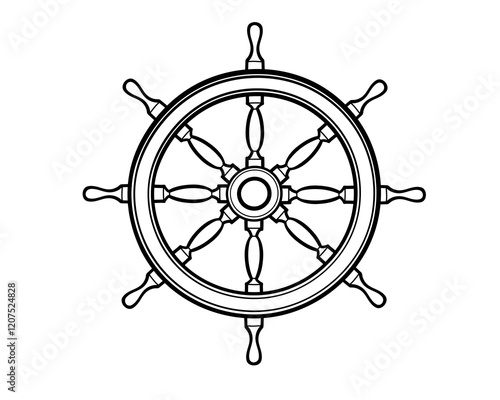 Ship wheel with detailed wooden spokes and metal accents. Perfect for nautical, sailing, or maritime designs. Vector illustration