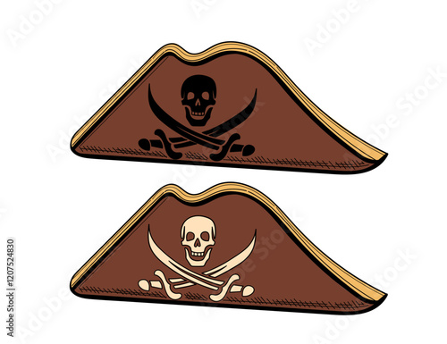 Hand drawn colorful sketch style pirate hats with skull and crossbones design. Perfect for pirate-themed events, logos, or adventure branding. Vector illustration