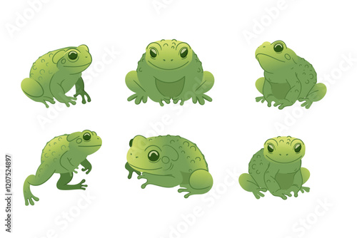 Collection of green frogs in various poses. Cartoon animal design, cute amphibian. Great for nature illustrations, wildlife designs, or educational visuals. Vector illustration isolated on white