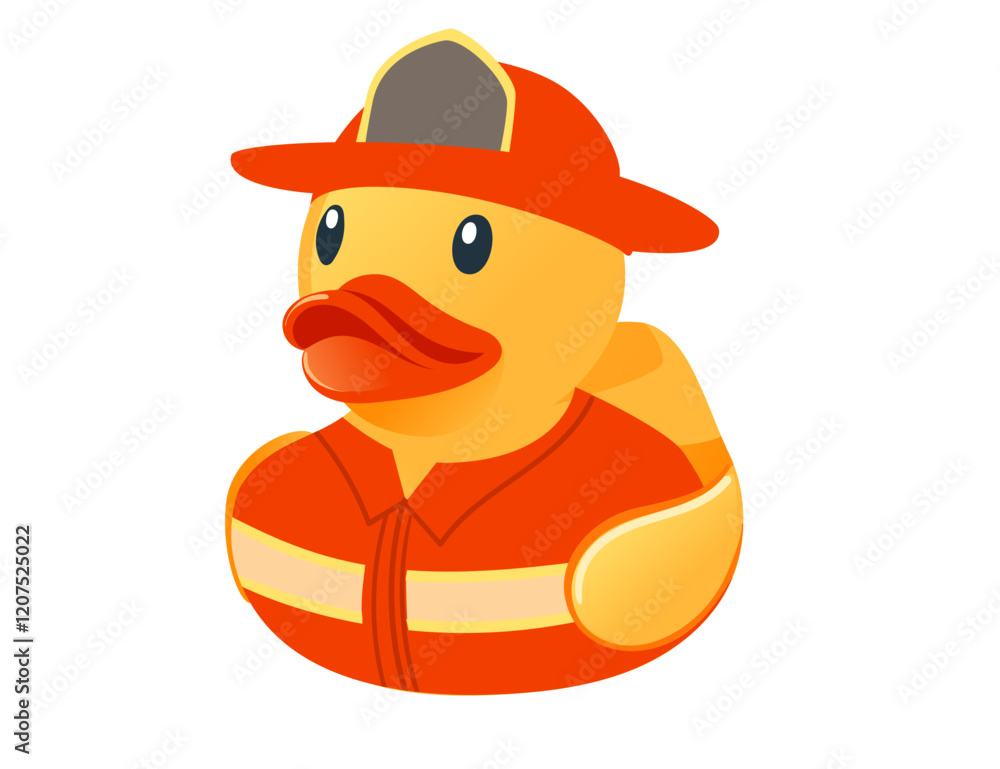 Fototapeta premium Cute yellow rubber duck. Duck dressed as a firefighter with red special uniform and hat. Cartoon child toy for bath. Vector illustration isolated on white background