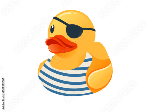 Cute yellow rubber duck. Duck dressed as a sailor, striped shirt and eyepatch. Cartoon child toy for bath. Vector illustration isolated on white background