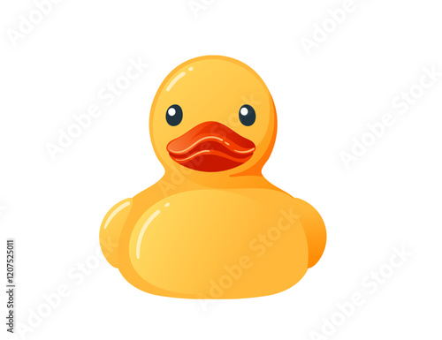 Cute yellow rubber duck. Cartoon child toy for bath. Front view. Vector illustration isolated on white background