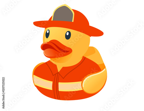 Cute yellow rubber duck. Duck dressed as a firefighter with red special uniform and hat. Cartoon child toy for bath. Vector illustration isolated on white background