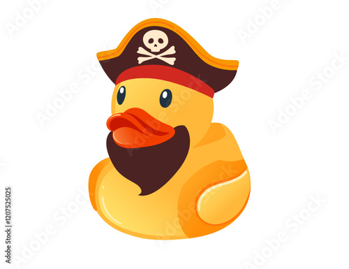 Cute yellow rubber duck. Duck dressed as a pirate captain, hat with skull and bones. Cartoon child toy for bath. Vector illustration isolated on white background