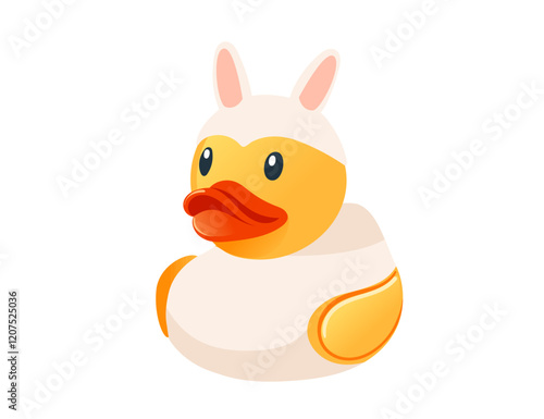 Rubber duck in a bunny costume with pink ears. Cute yellow rubber duck. Cartoon child toy for bath. Vector illustration isolated on white background
