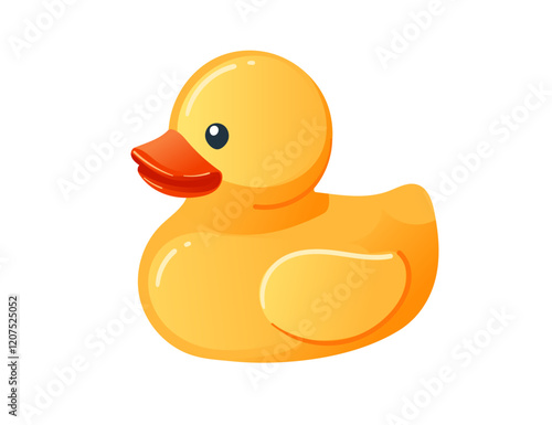 Cute yellow rubber duck. Cartoon child toy for bath. Side view. Vector illustration isolated on white background