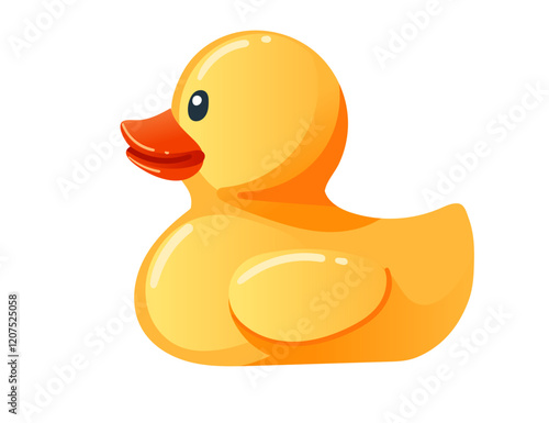 Cute yellow rubber duck. Cartoon child toy for bath. Side view. Vector illustration isolated on white background