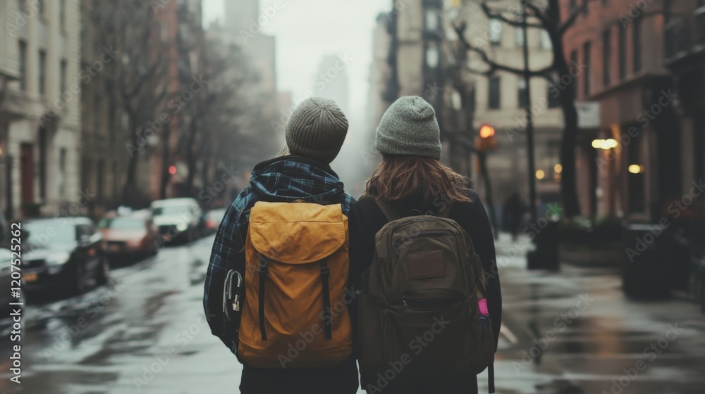 Couple with backpacks walking city street, rear view. Couple with backpacks walking city street, rear view.