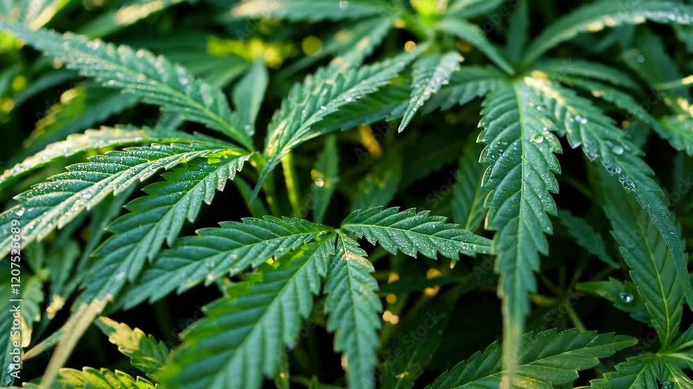 Close-up of fresh cannabis leaves with morning dew droplets, natural green texture. Herbal medicine and cultivation concept Close-up of fresh cannabis leaves with morning dew droplets, natural green texture. Herbal medicine and cultivation concept