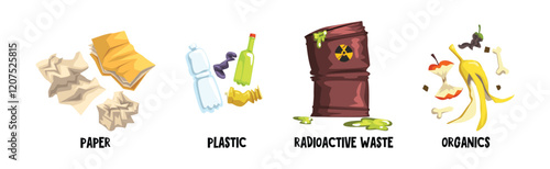 Garbage Sorting with Type of Waste Material Vector Set