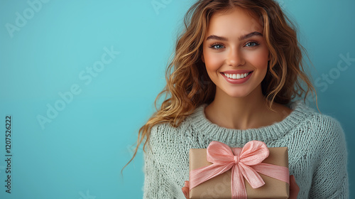 Young woman smiling with wrapped gift against turquoise background, expressing joy and celebration in casual winter outfit