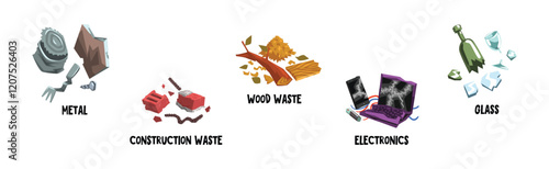 Garbage Sorting with Type of Waste Material Vector Set