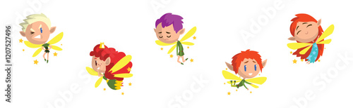 Cute Pixie Magical Creature Flying with Wings Vector Set