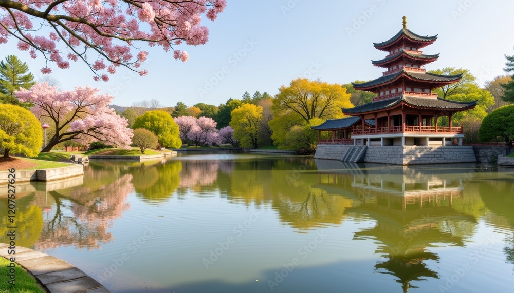 Chinese pagoda reflected in tranquil lake surrounded by blooming flowers, harmony Chinese pagoda reflected in tranquil lake surrounded by blooming flowers, harmony
