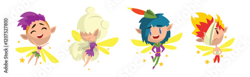 Cute Pixie Magical Creature Flying with Wings Vector Set