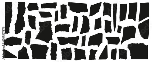 Set of torn papers. Tear sheet pieces black pack. Blanks with uneven textured edges. Newspapers cutouts. Empty colorful stylized callouts figures for text. Vector hand drawn geometric shapes.