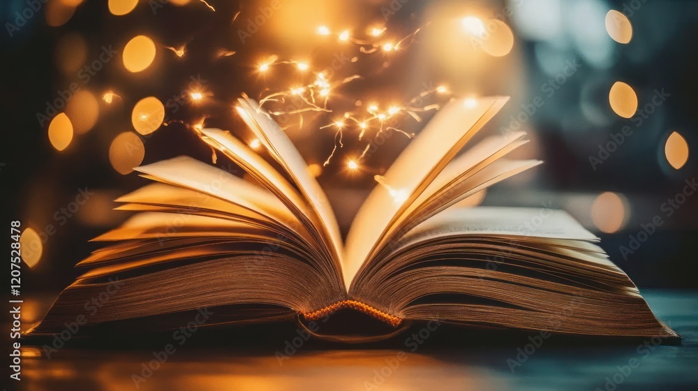 Illuminated Open Book with Bokeh Lights Creating a Magical Ambience at Night Illuminated Open Book with Bokeh Lights Creating a Magical Ambience at Night