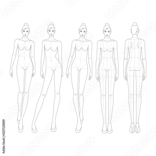 Five female line technical drawing croquis for flat fashion sketches and cads. 9 head vector mannequin design. Catwalk fashion figures