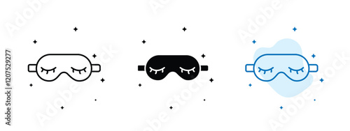 Set of 3 Sleeping Mask icons with 1 line icon, 1 silhouette and 1 unexpanded vector inside - cozy sleeping mask icon ideal for sleep related designs wellness apps or relaxation products