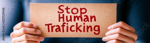 A person holds a sign advocating to stop human trafficking, symbolizing awareness and activism against this critical social issue.
