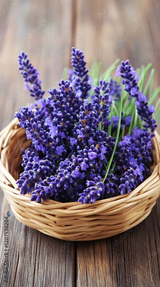 Fototapeta premium Fresh Lavender Blooms in Rustic Wicker Basket on Wooden Background