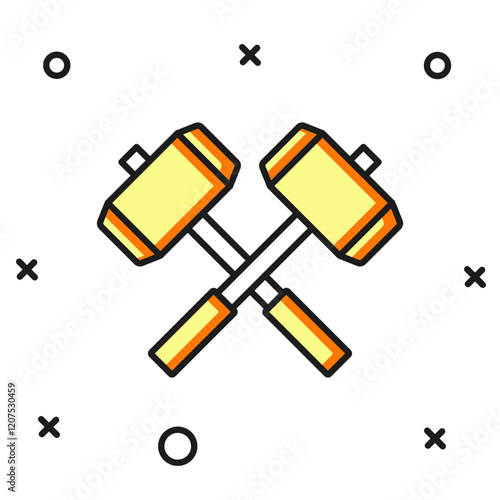 Filled outline Medieval crossed battle hammers icon isolated on white background. Flat filled outline style with shadow. Vector