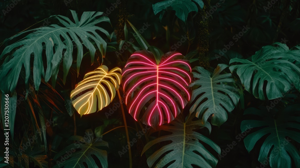 Fototapeta premium Neon Monstera Leaves Tropical Jungle Glowing Plants Dark Green Foliage